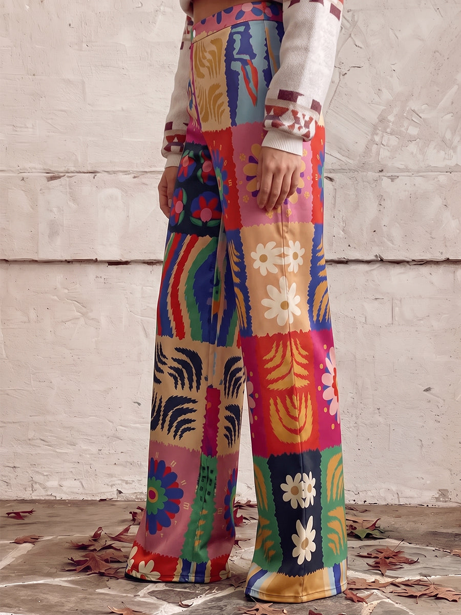 Printed Wide-Leg Plus Size Button-Detail Pants