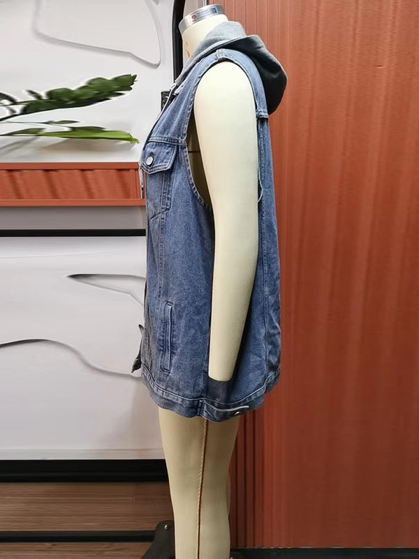 Hooded Drawstring Button-Detail Pocket Vest