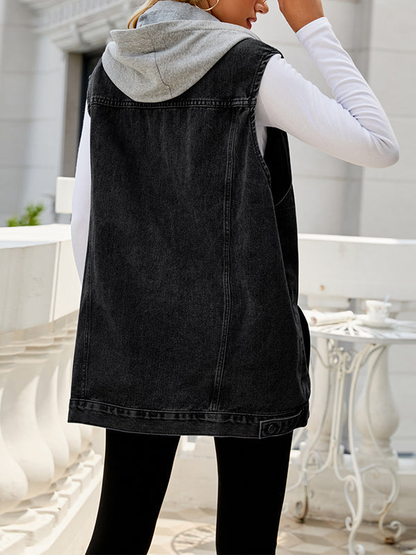 Hooded Drawstring Button-Detail Pocket Vest