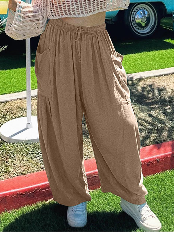 High-Waist Pleated Drawstring Pocket Pants