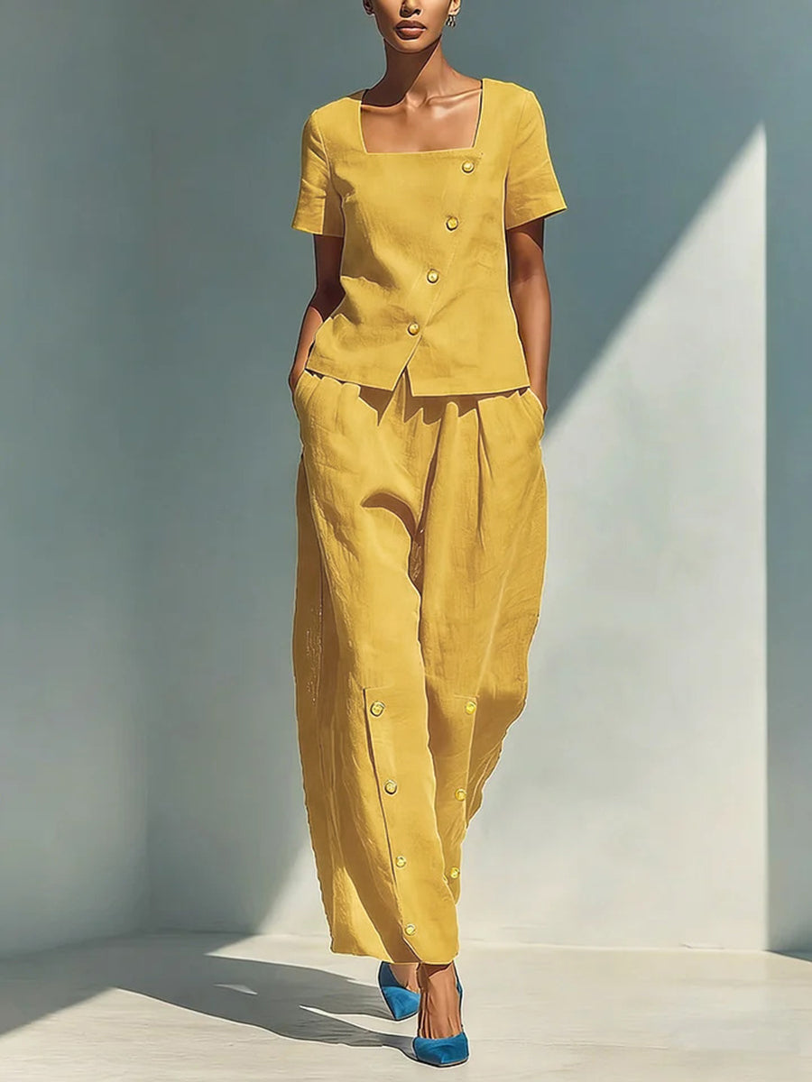 Wide-Leg Button-Detail Pocket Relaxed Pants