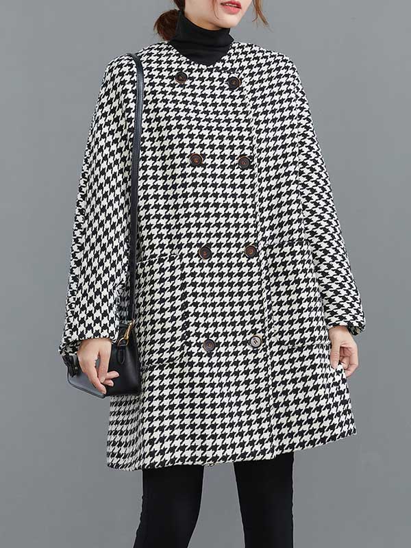 Houndstooth Round-Neck Button-Detail Long-Sleeve Coat