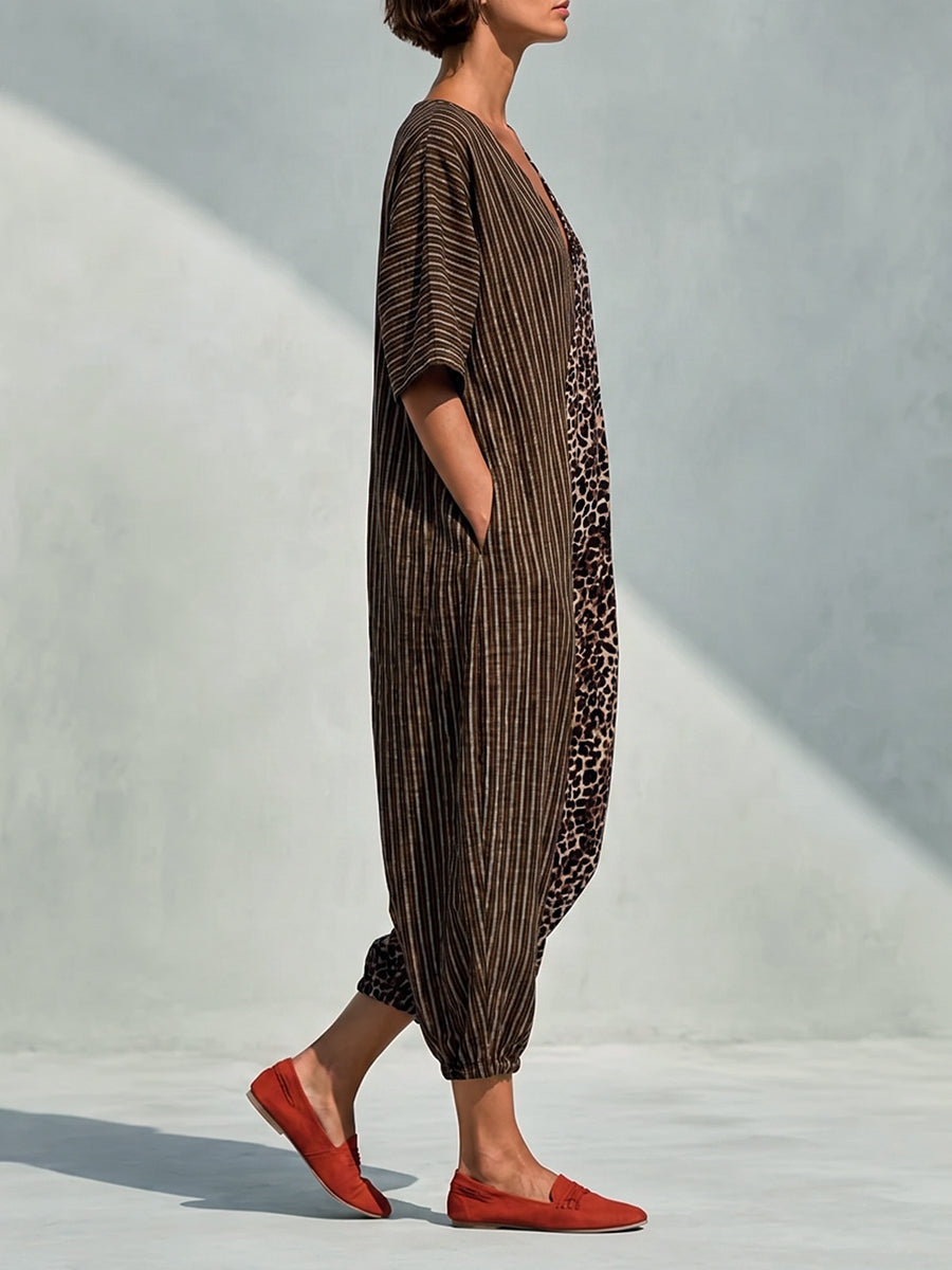 Leopard Print Striped V-Neck Pocket Jumpsuit