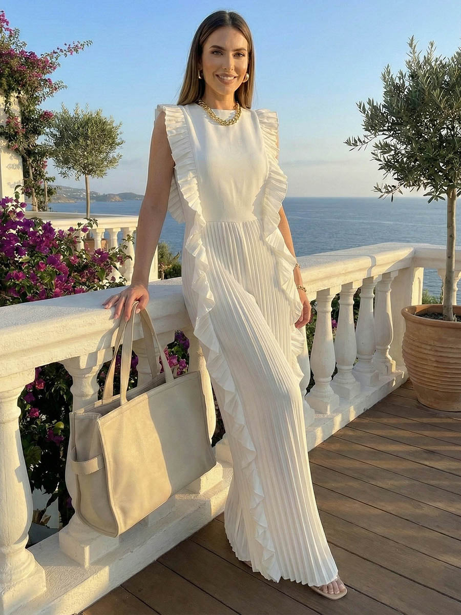 Round-Neck Pleated Ruffle Sleeveless Jumpsuit