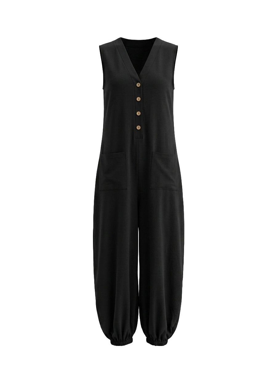 Wide-Leg V-Neck Button-Detail Pocket Jumpsuit