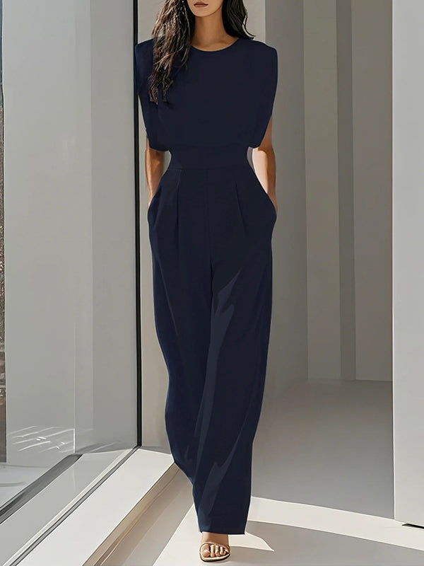 Round-Neck Pleated Relaxed Jumpsuit