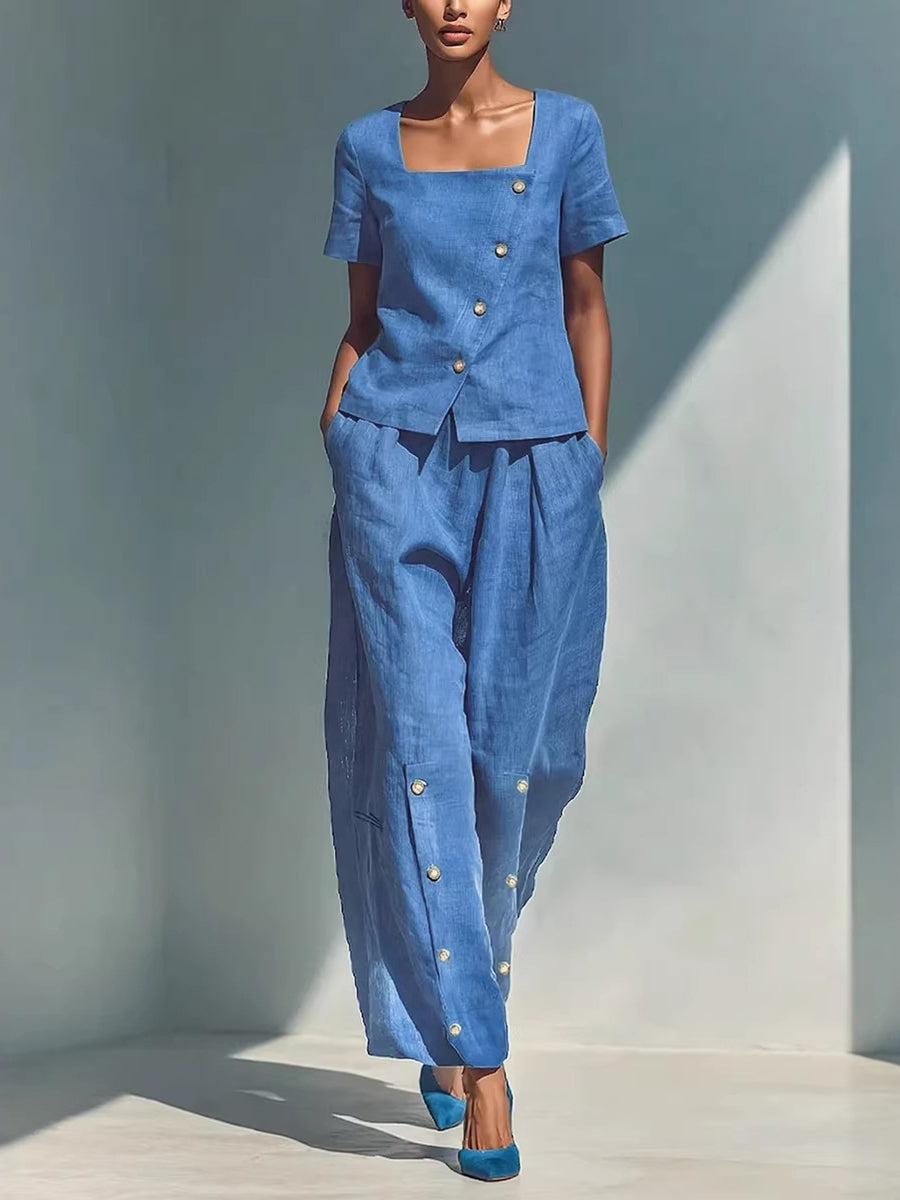 Wide-Leg Button-Detail Pocket Relaxed Pants