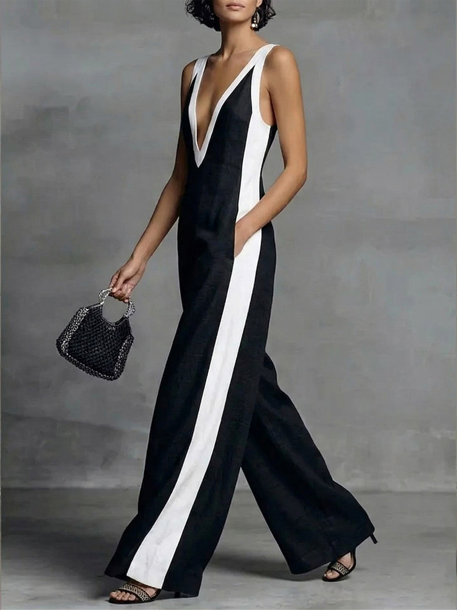 High-Waist V-Neck Pocket Relaxed Jumpsuit