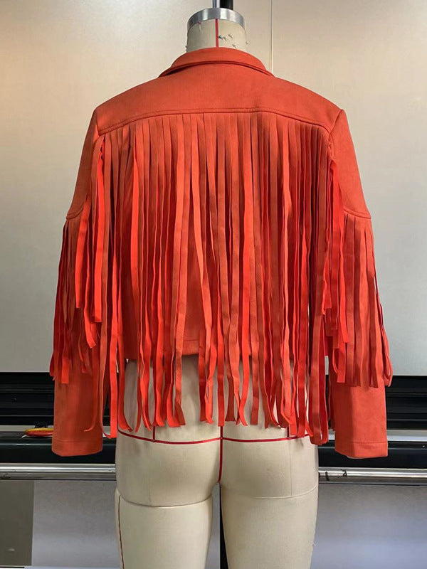 Notch-Collar Fringe Long-Sleeve Jacket