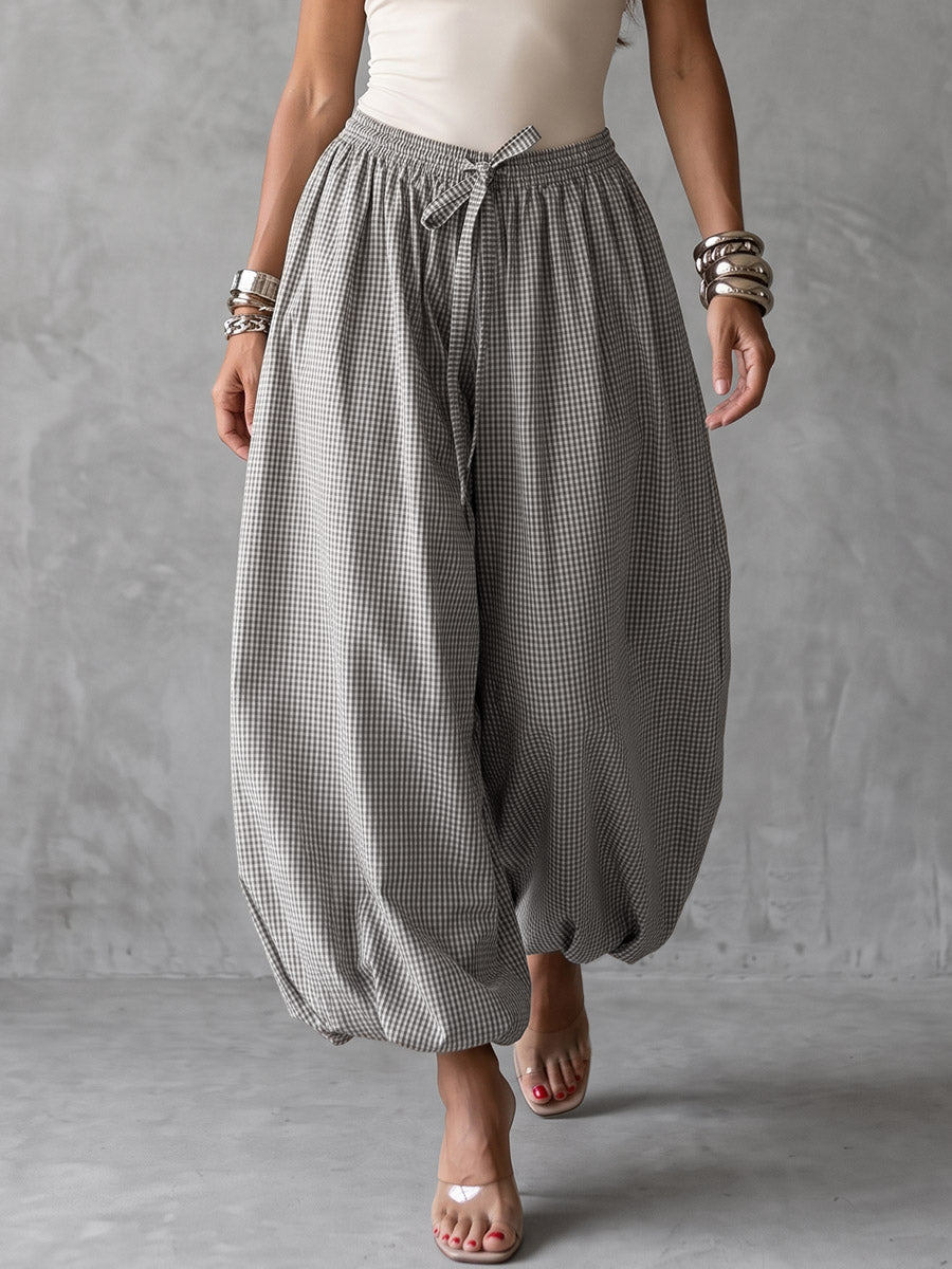 Checked Wide-Leg Drawstring Pocket Pants