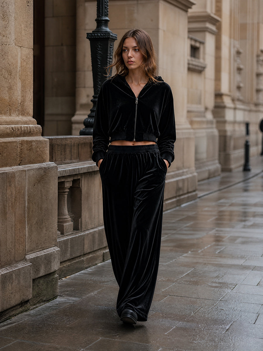 Velvet Cropped Hooded Zip Jacket