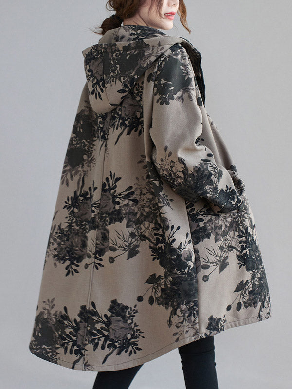 Floral Hooded Long-Sleeve Relaxed Jacket