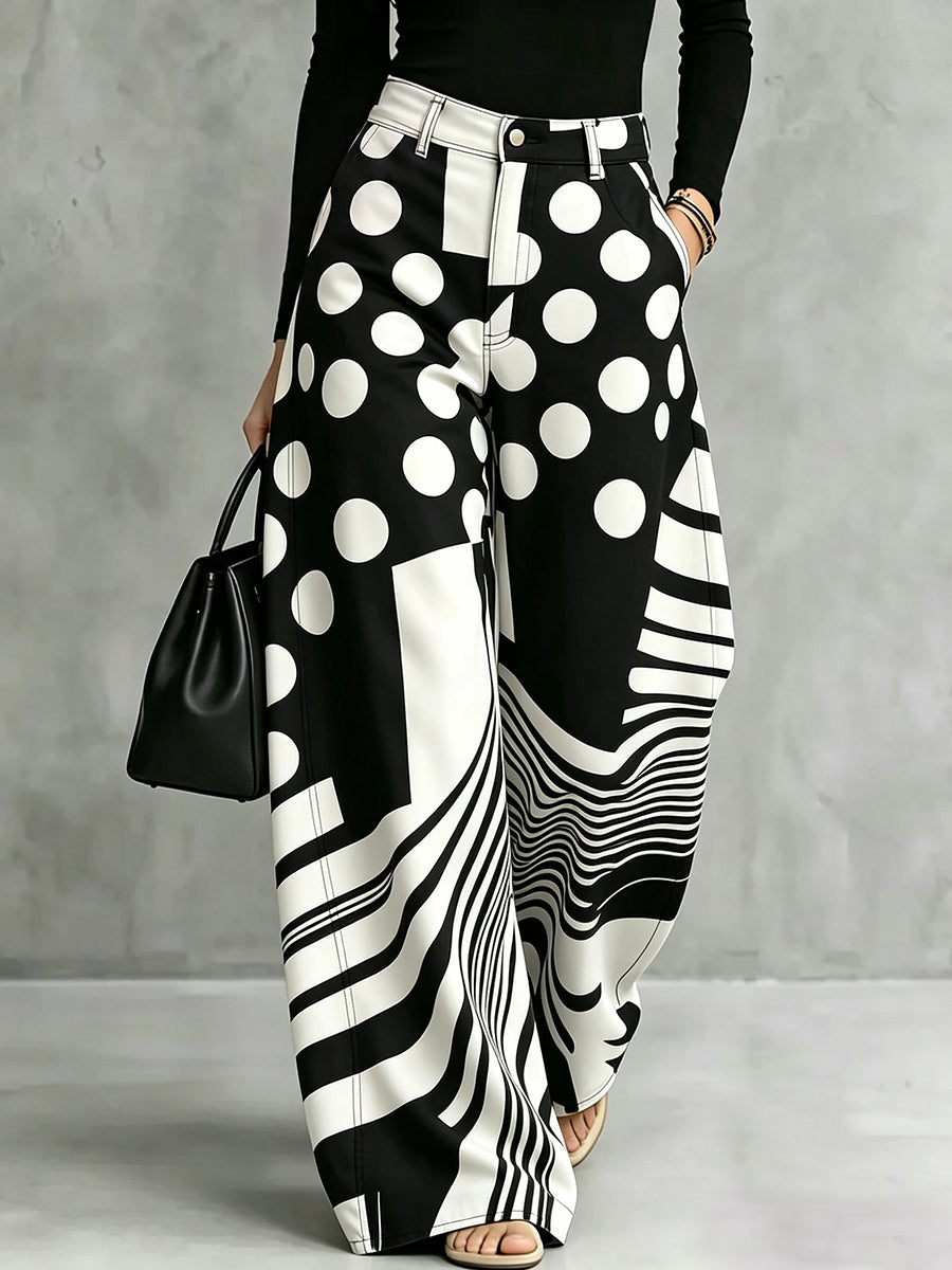 Striped Wide-Leg Button-Detail Zip Pants