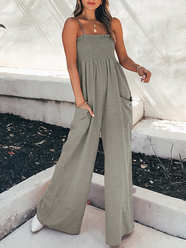 High-Waist Pleated Pocket Elastic Jumpsuit