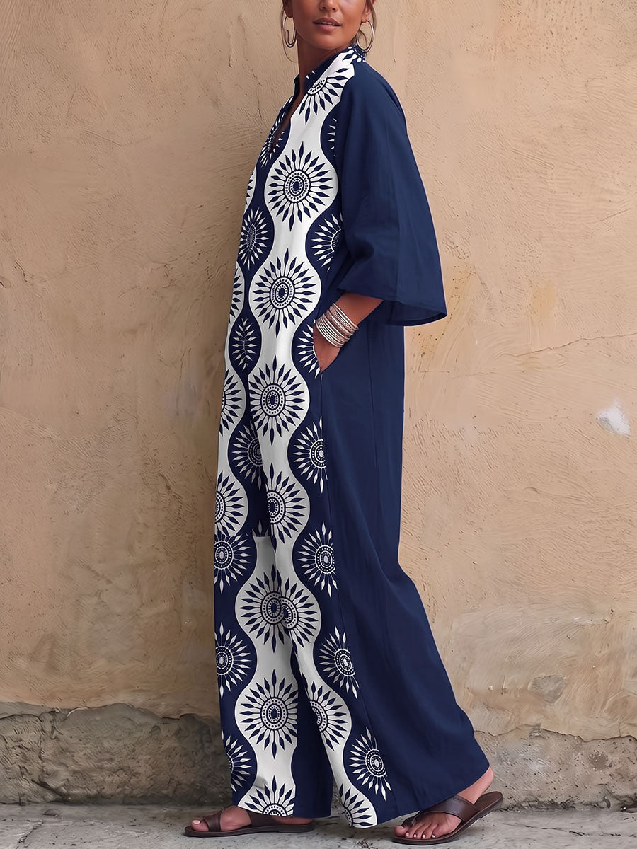 Printed Wide-Leg V-Neck Pocket Jumpsuit