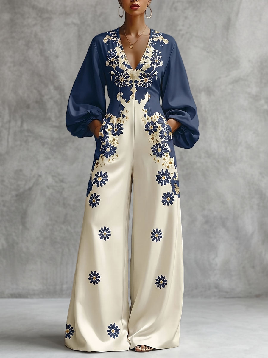 Floral Wide-Leg V-Neck Pocket Jumpsuit