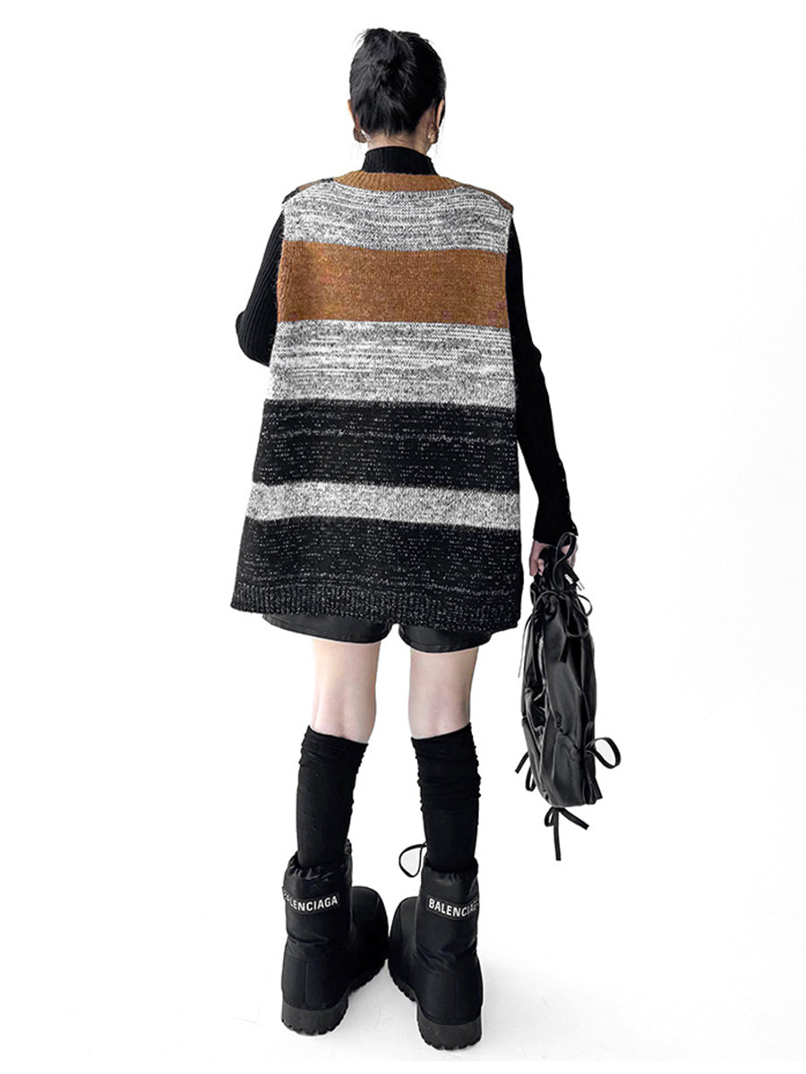 Striped V-Neck Sleeveless Geometric Vest