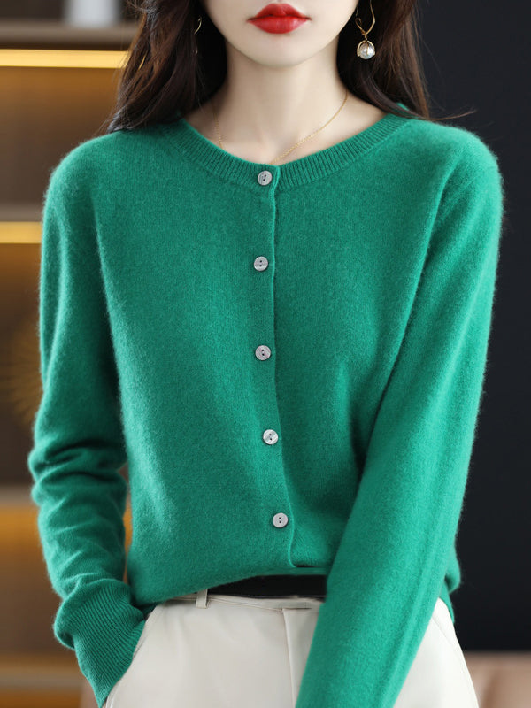 Knit Round-Neck Button-Detail Long-Sleeve Cardigan
