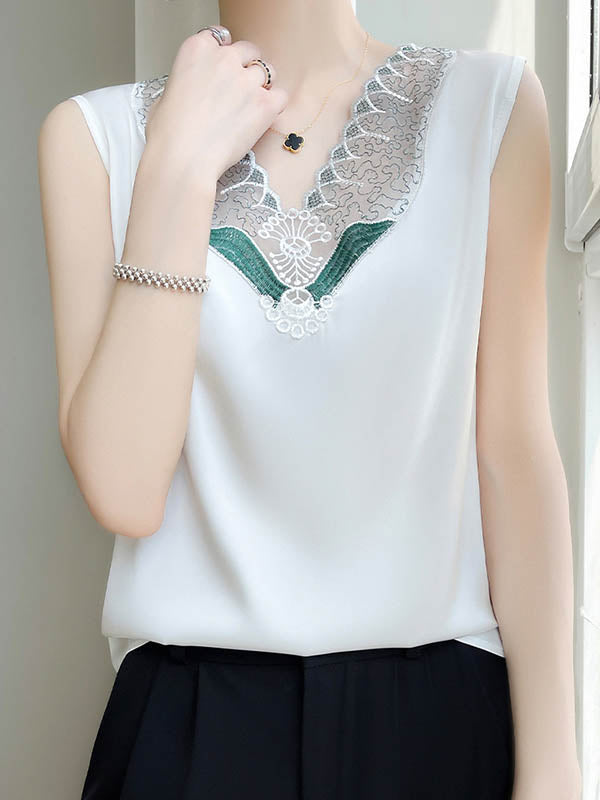 V-Neck Embroidered Sleeveless Relaxed Vest