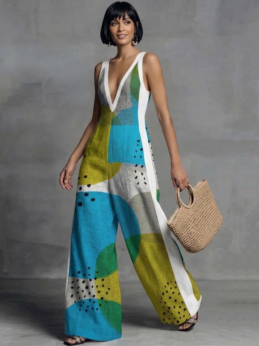 Printed V-Neck Pocket Sleeveless Jumpsuit