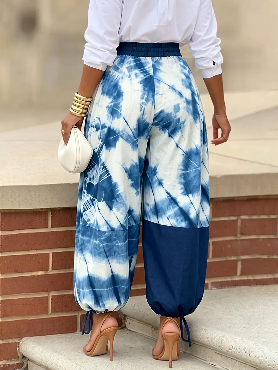 Printed High-Waist Contrast Pants
