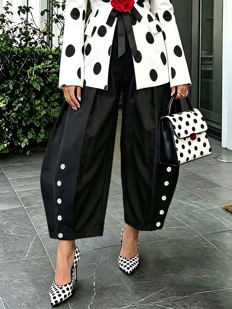 Wide-Leg High-Waist Pleated Button-Detail Pants