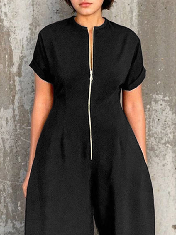 Wide-Leg Round-Neck Pleated Zip Jumpsuit