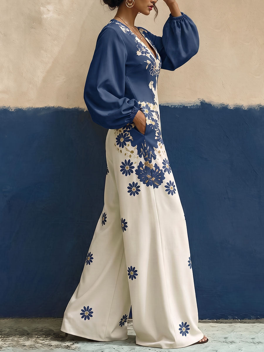 Floral Wide-Leg V-Neck Pocket Jumpsuit