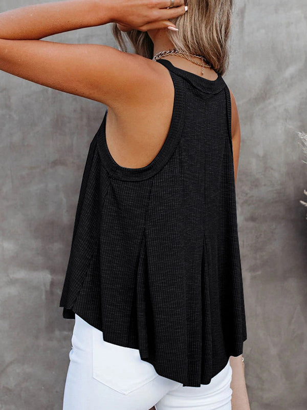 V-Neck Pleated Sleeveless Relaxed Vest