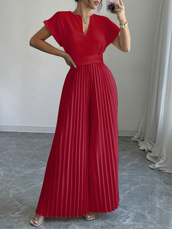 V-Neck Pleated Short-Sleeve Relaxed Jumpsuit
