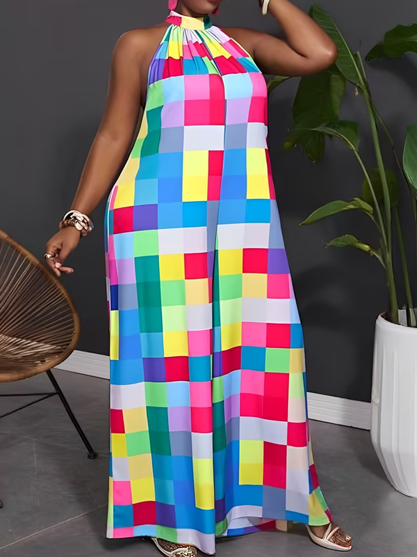 Checked Halter-Neck Pleated Sleeveless Jumpsuit