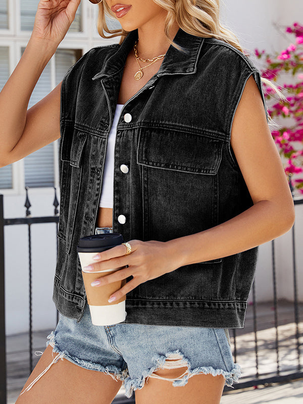 Button-Detail Pocket Sleeveless Relaxed Vest
