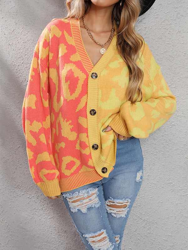 Leopard Print V-Neck Button-Detail Long-Sleeve Cardigan