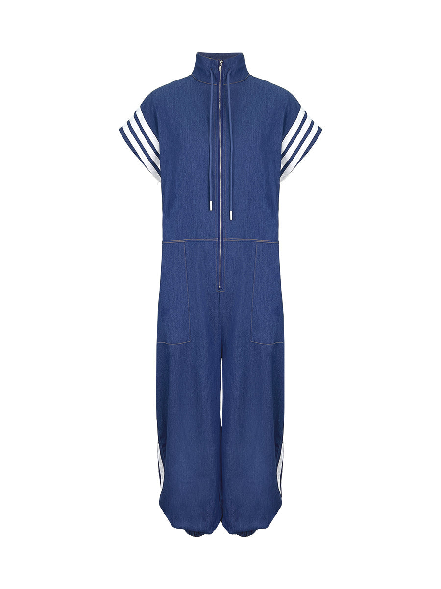Striped Stand-Collar Zip Pocket Jumpsuit