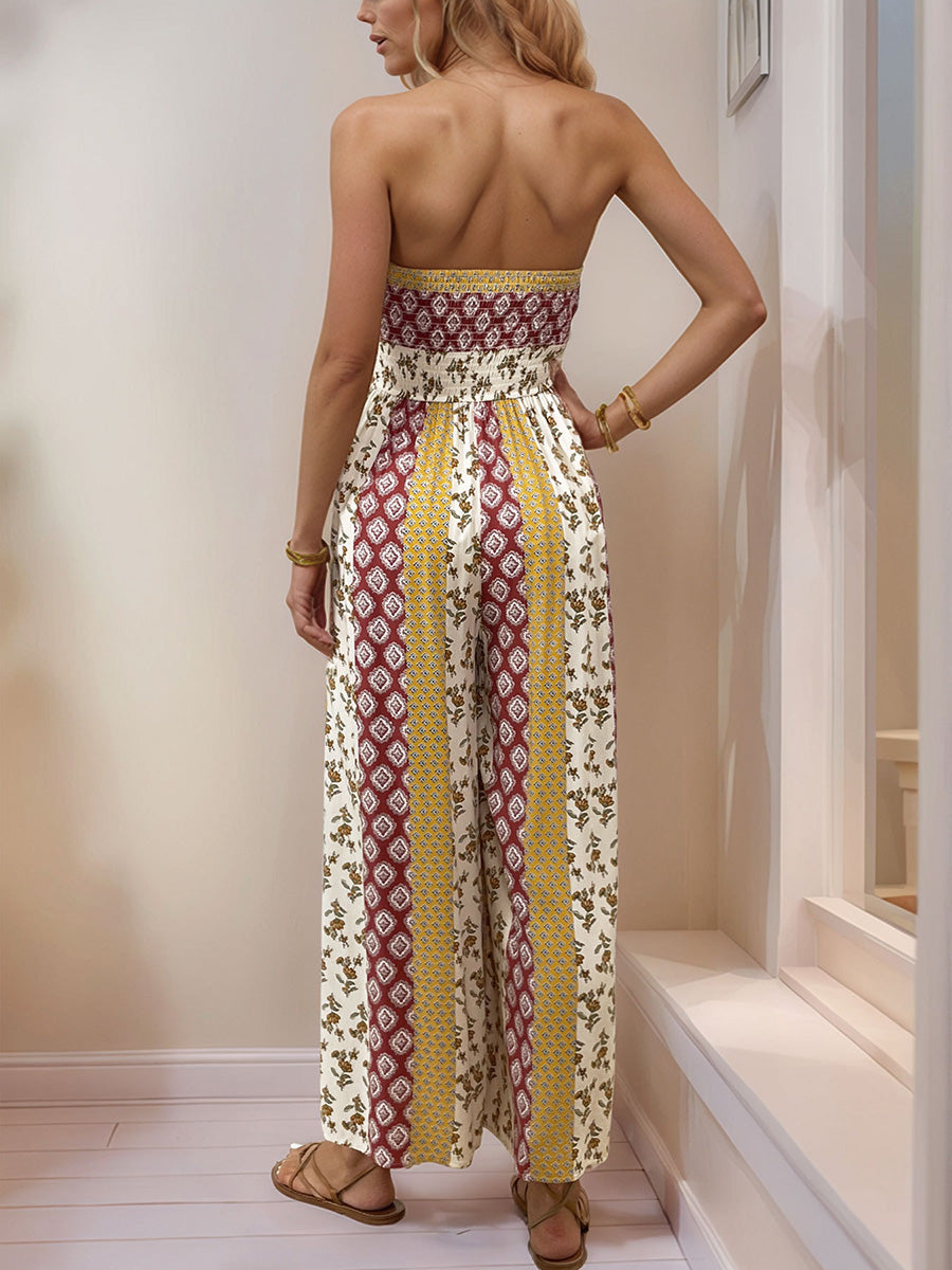 Printed High-Waist Pleated Open-Back Jumpsuit
