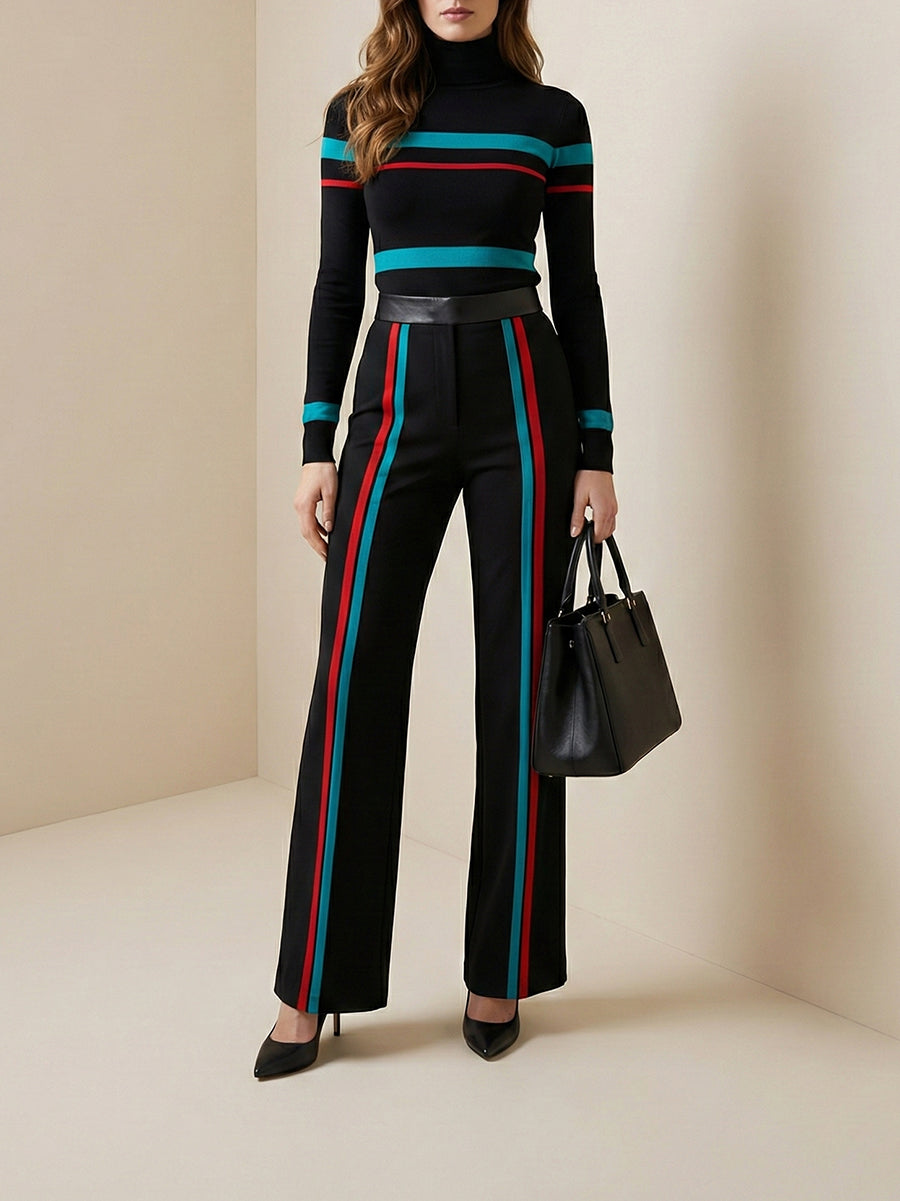 Striped High-Waist Contrast Pants