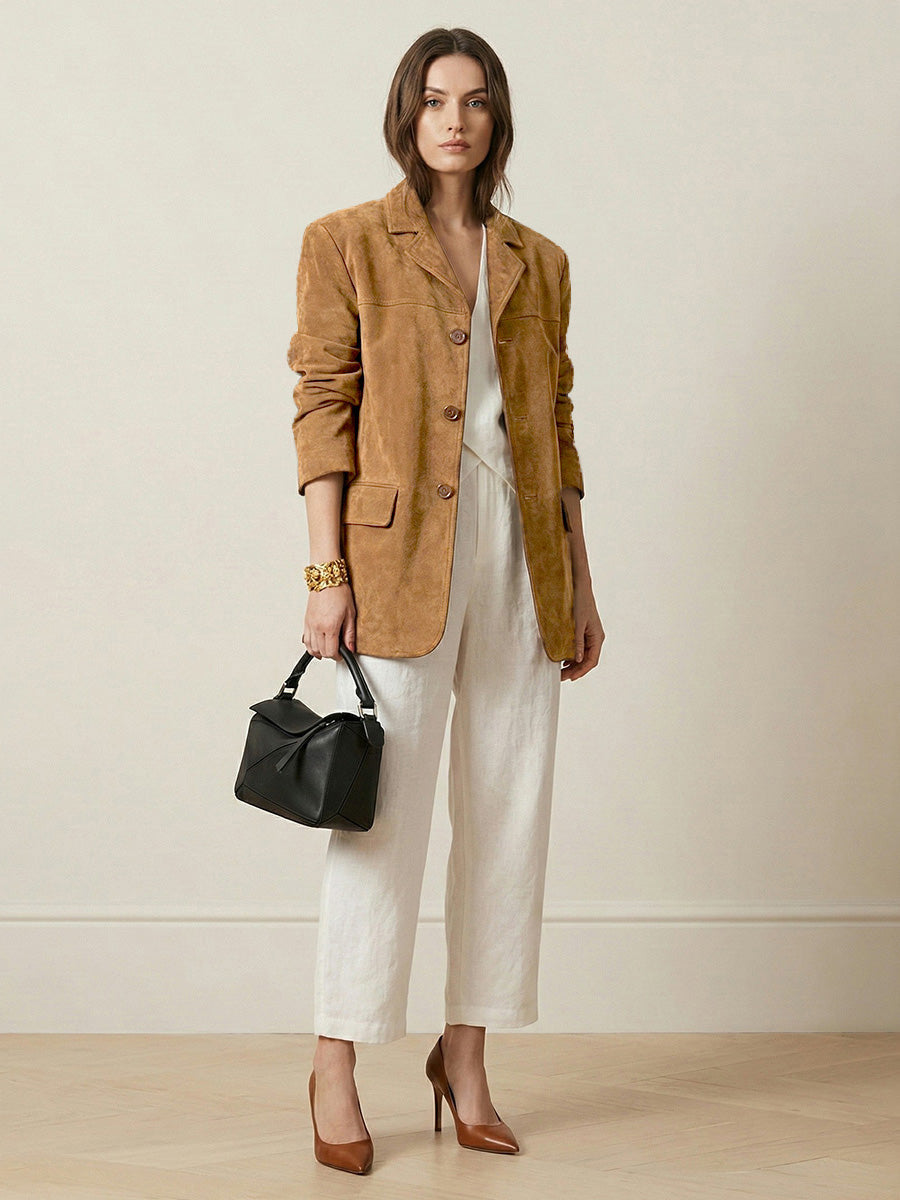 Notch-Collar Button-Detail Long-Sleeve Relaxed Blazer