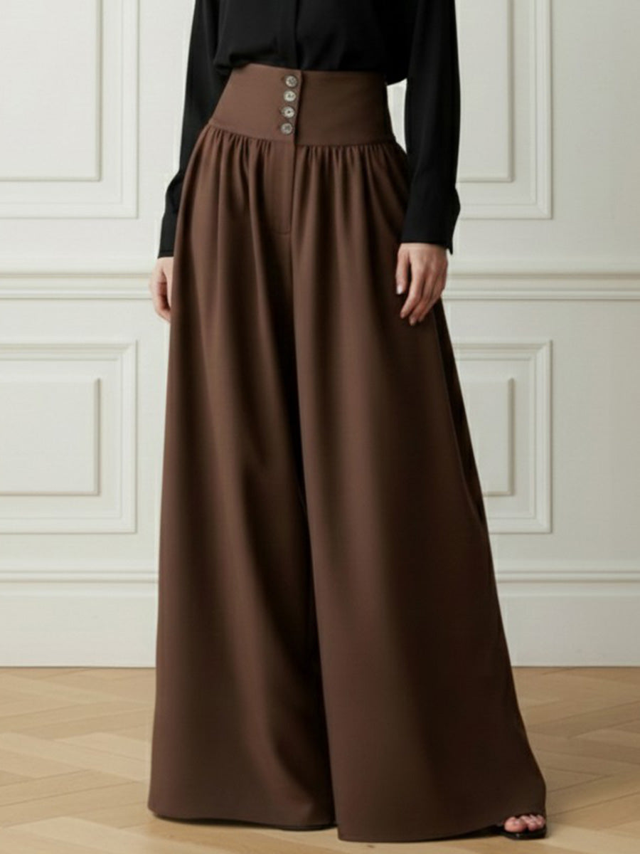 High-Waist Pleated Button-Detail Pocket Pants