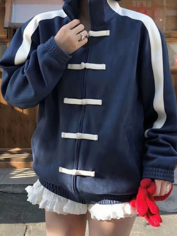 Stand-Collar Zip Long-Sleeve Contrast Jacket