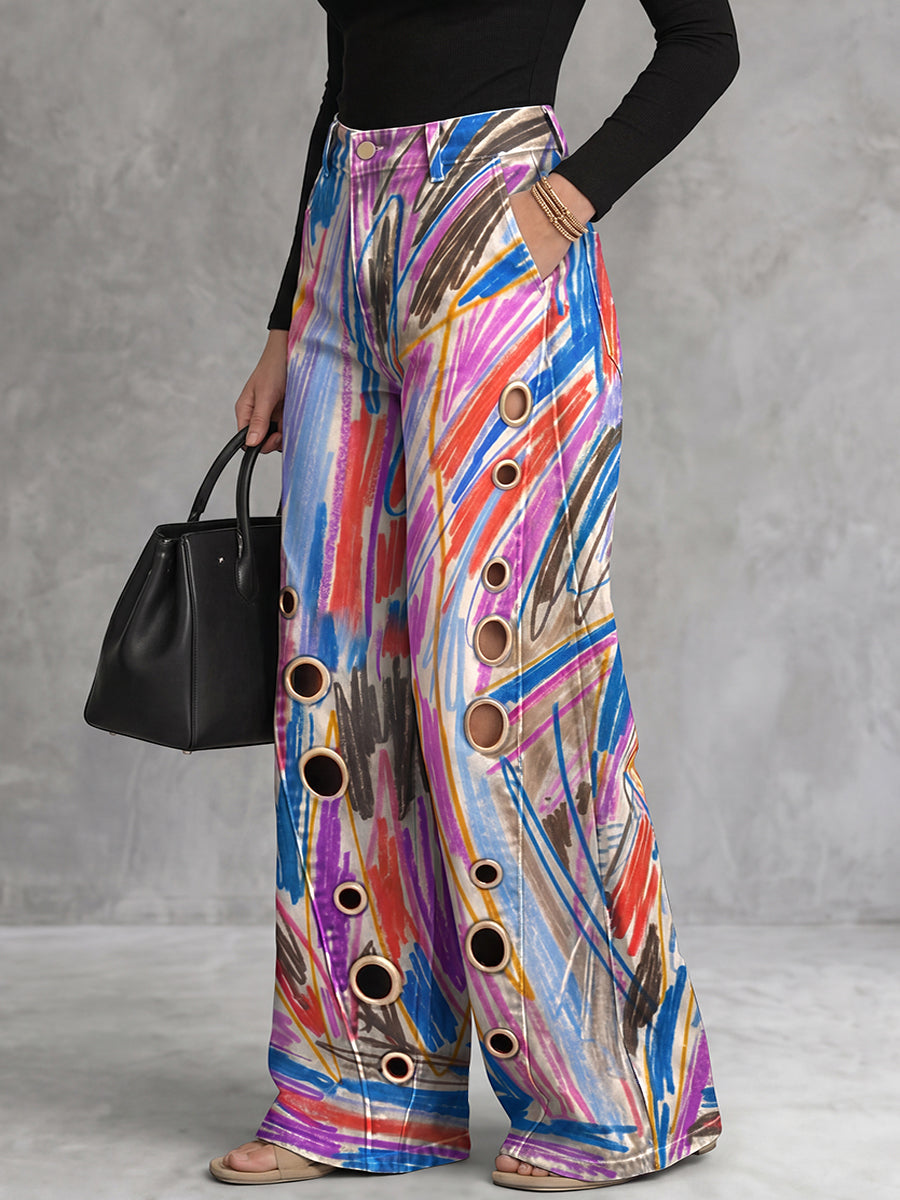 Printed Wide-Leg Button-Detail Cut-Out Pants