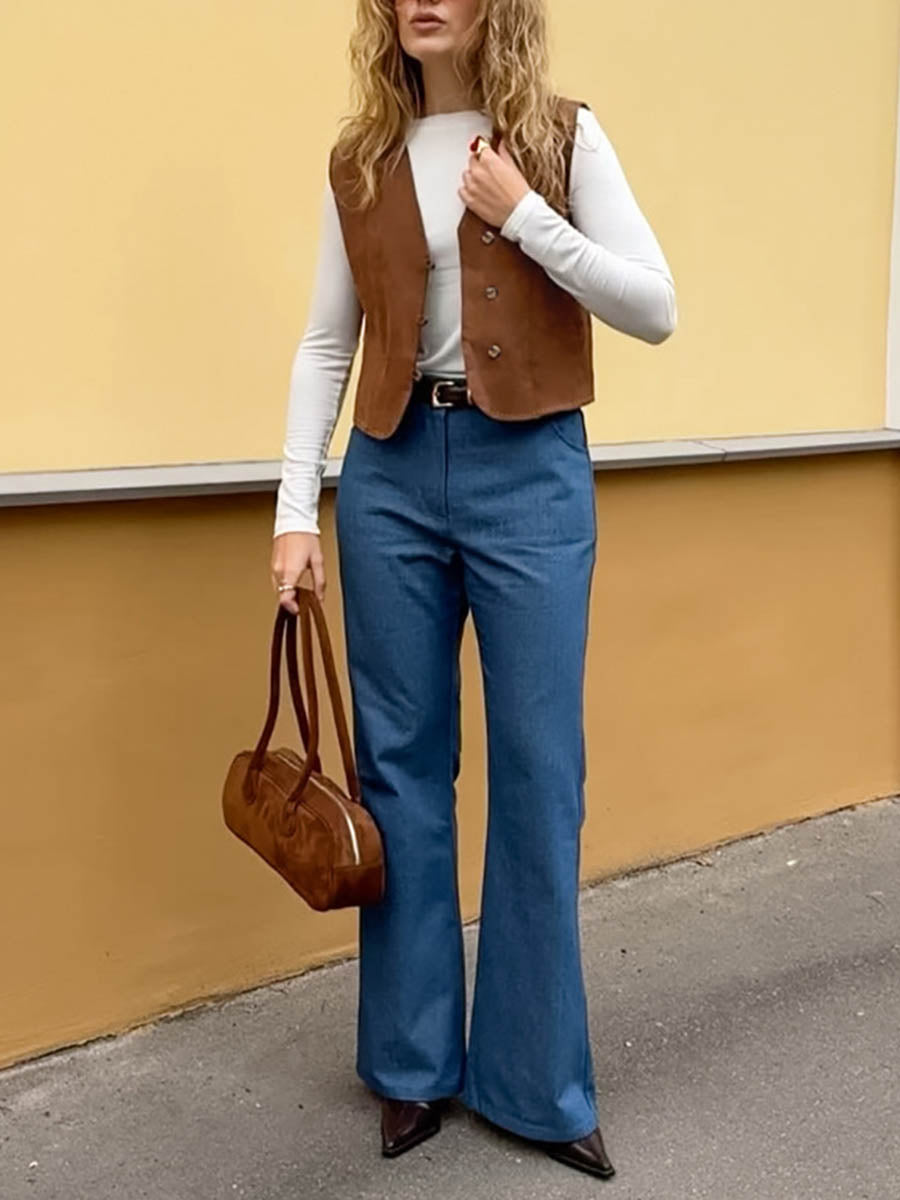 V-Neck Button-Detail Sleeveless Relaxed Vest