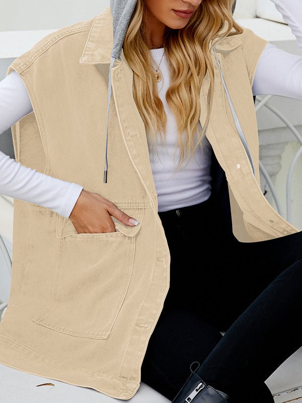 Hooded Button-Detail Pocket Sleeveless Vest