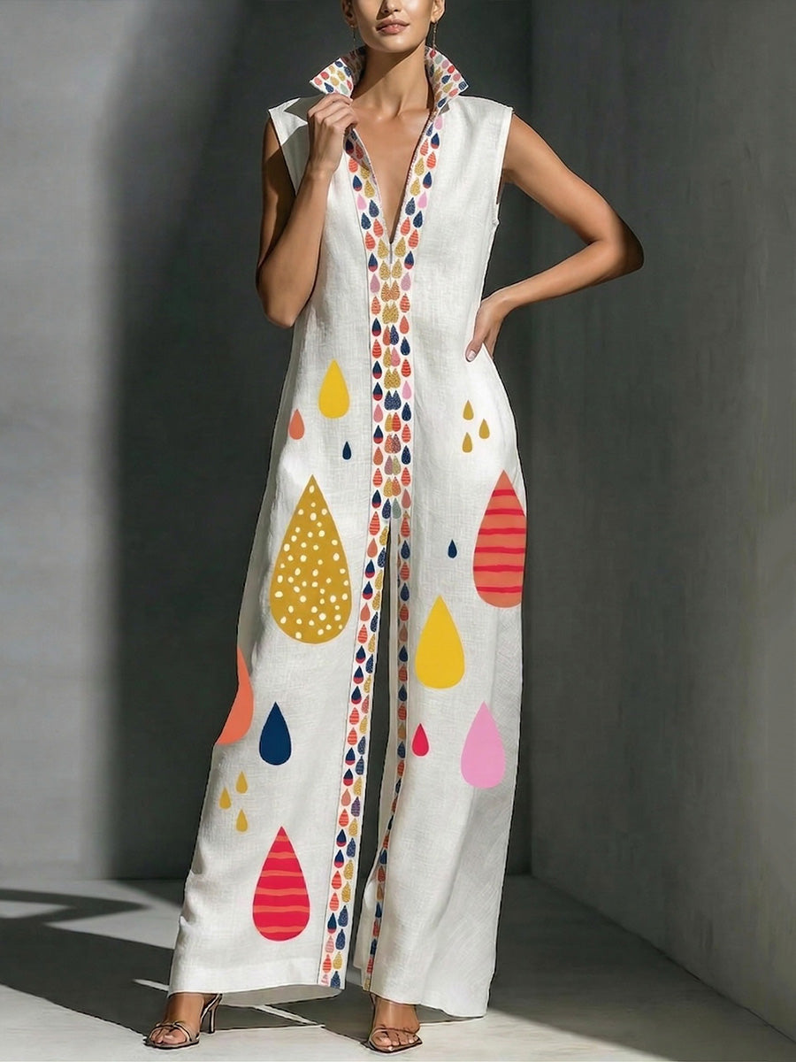 Printed Stand-Collar Pocket Relaxed Jumpsuit