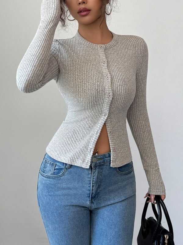 Round-Neck Button-Detail Long-Sleeve Cardigan