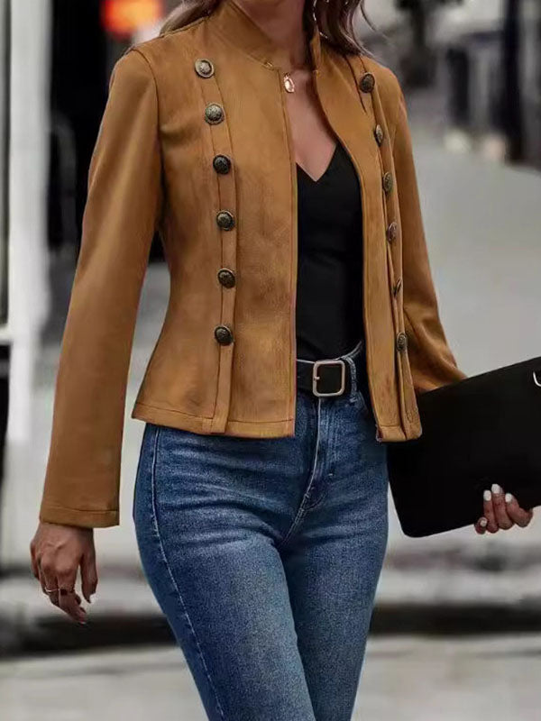 Stand-Collar Button-Detail Long-Sleeve Relaxed Jacket