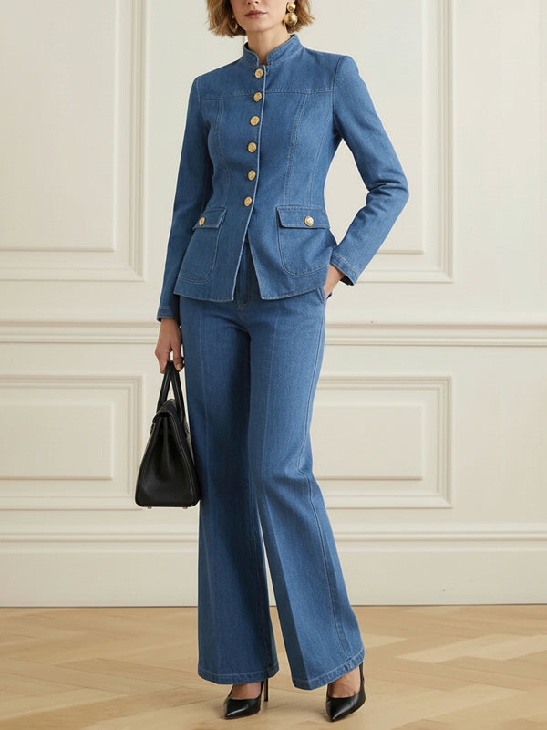 Stand-Collar Button-Detail Pocket Long-Sleeve Jacket