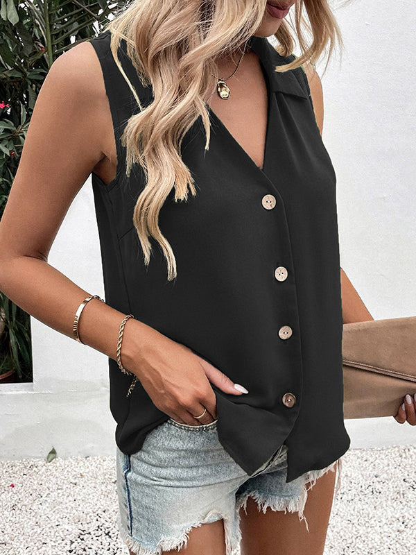 V-Neck Button-Detail Sleeveless Relaxed Vest