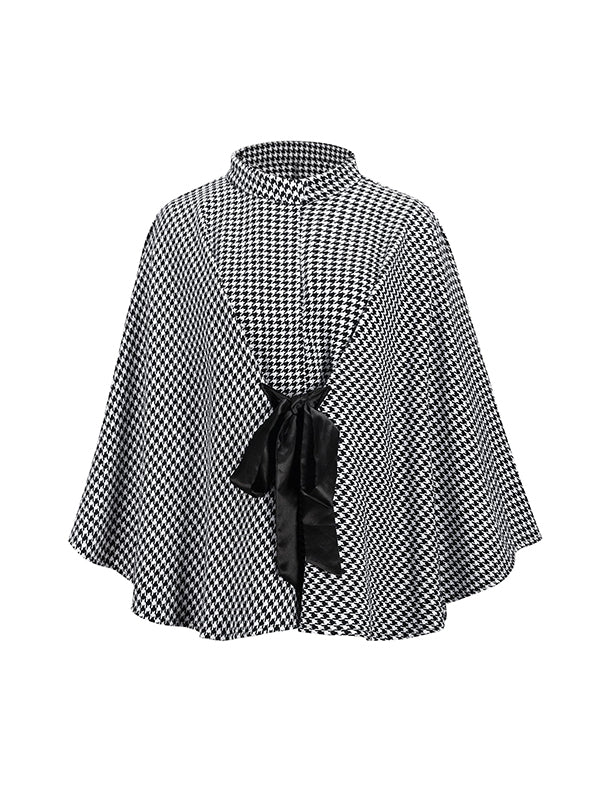 Houndstooth Stand-Collar Batwing Long-Sleeve Jacket