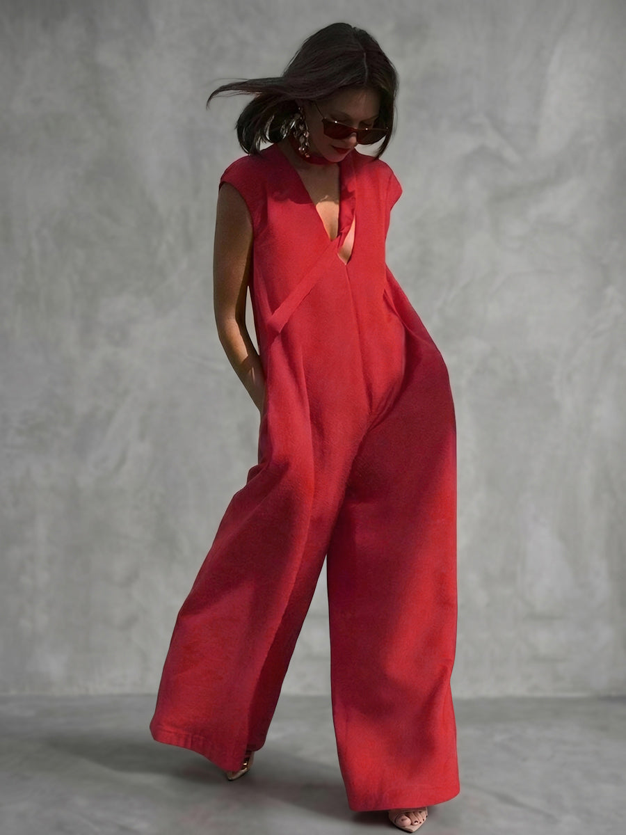 Wide-Leg V-Neck Pocket Relaxed Jumpsuit