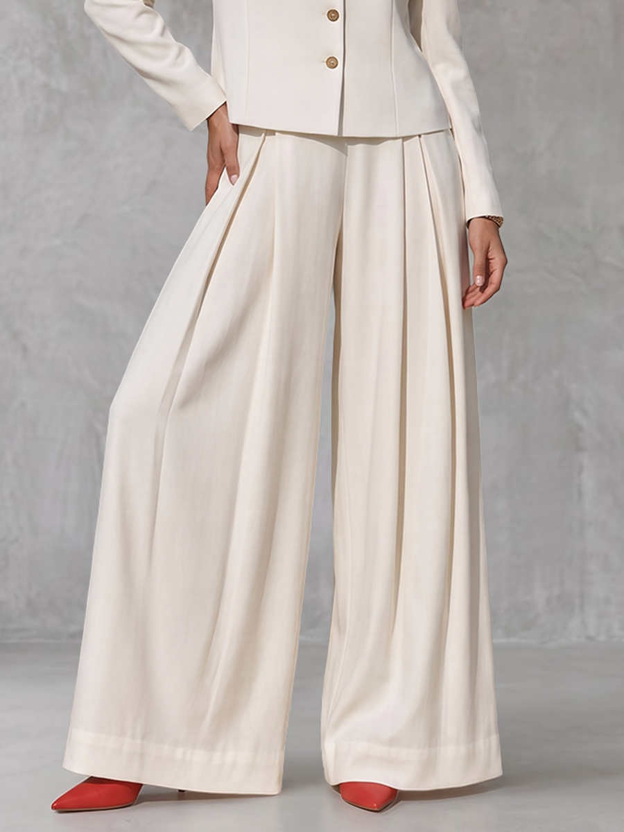 Wide-Leg High-Waist Pleated Pocket Pants